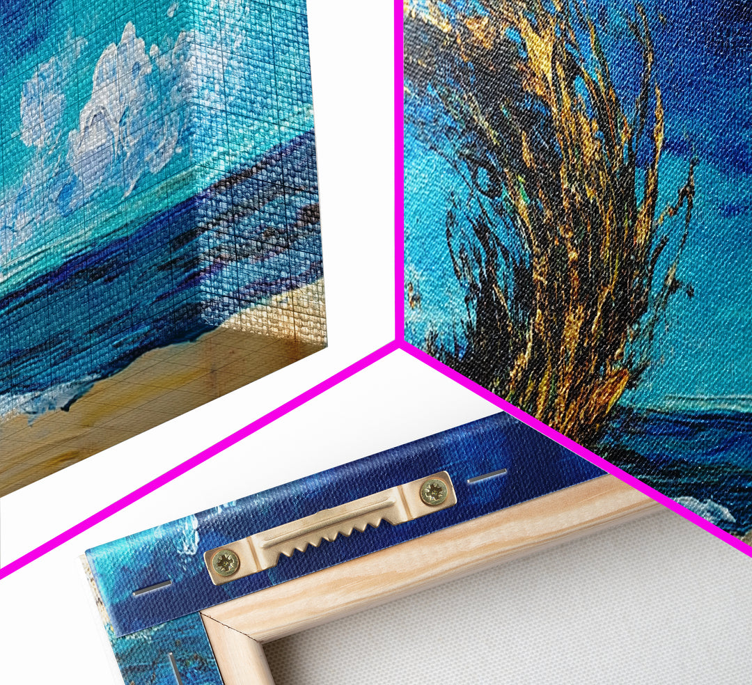 Ocean Swirl, Golden Waves, Abstract Beach Art, Framed Canvas Print, Modern Coastal Decor, Statement Wall Art, Ocean Vortex, Vibrant Blue