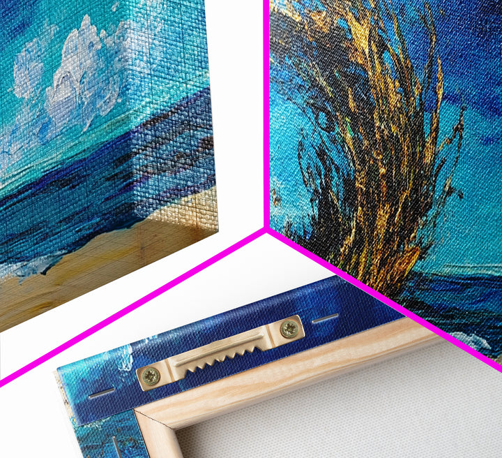 Ocean Swirl, Golden Waves, Abstract Beach Art, Framed Canvas Print, Modern Coastal Decor, Statement Wall Art, Ocean Vortex, Vibrant Blue