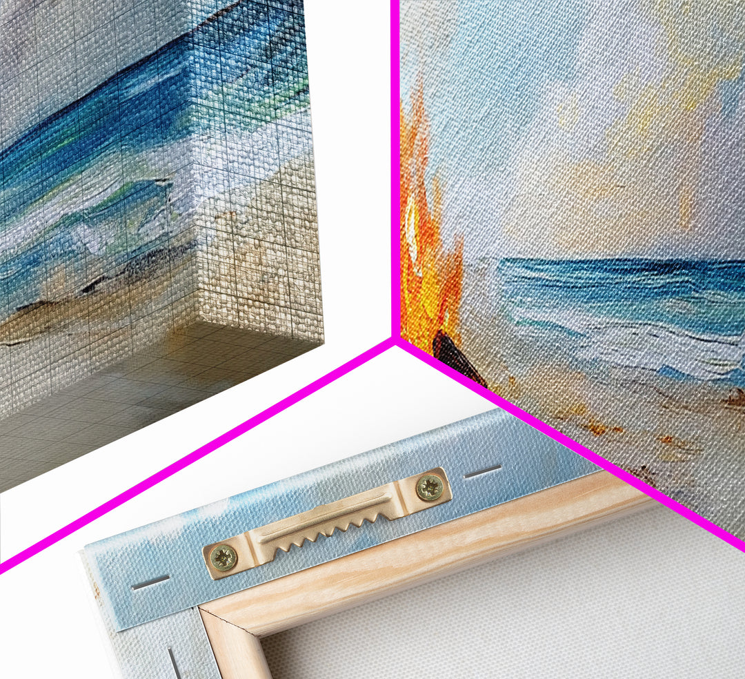 Beach Bonfire Glow Framed Canvas Print Coastal Sunset Wall Art Ocean Retreat Decor Vibrant Campfire Painting Summer Gift