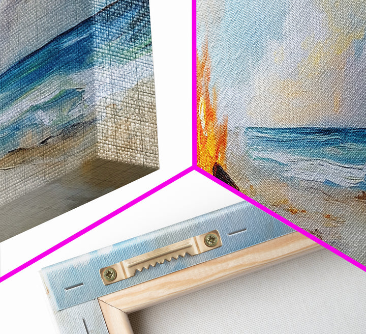 Beach Bonfire Glow Framed Canvas Print Coastal Sunset Wall Art Ocean Retreat Decor Vibrant Campfire Painting Summer Gift