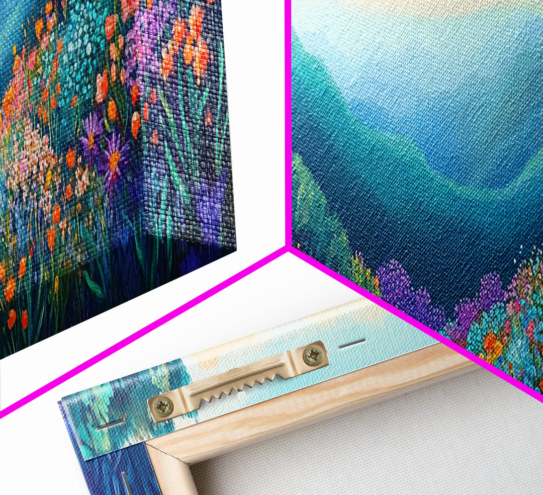Mountain Wildflowers, Vibrant Landscape Art, Nature Painting, Cabin Wall Decor, Springtime Art, Living Room Print, Canvas Print