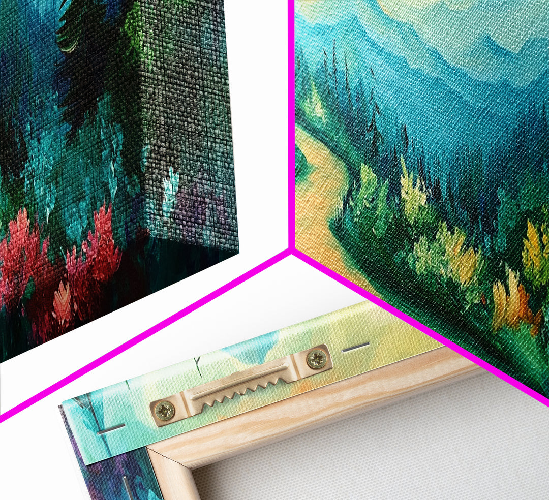 Forest Trail, Scenic Landscape Art, Green Nature Painting, Serene Hiking Scene, Cabin Wall Decor, Home Print, Framed Canvas Print