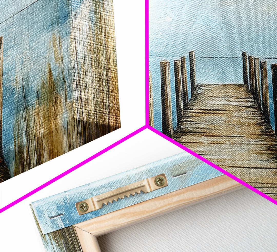 Lake Dock, Peaceful Water Scene, Serene Landscape, Rustic Nature Painting, Minimalist Home Decor, Canvas Print, Framed Canvas Print