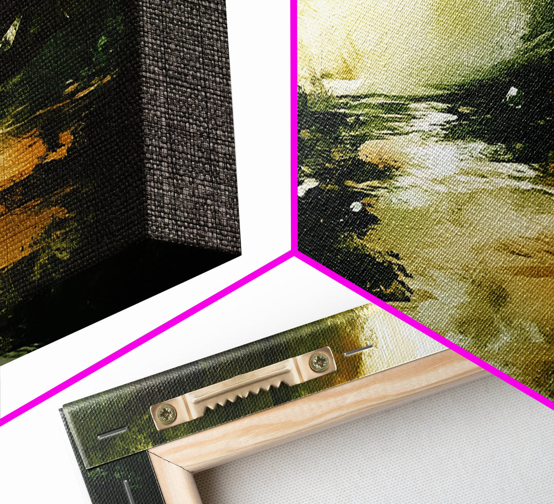 Dark Fantasy River Painting, Moody Abstract Landscape, Green and Gold Mystical Wall Art, Mysterious Hallway Decor, Framed Canvas Print