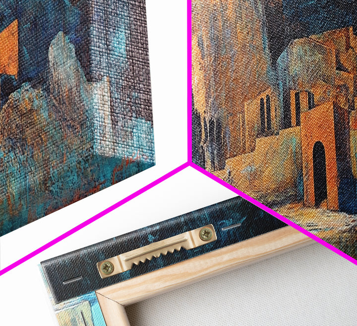 Ancient Ruins Canvas Print Rustic Landscape Wall Art, Mediterranean Decor, Boho Earthy Art, Dark Blue and Orange, Living Room Artwork