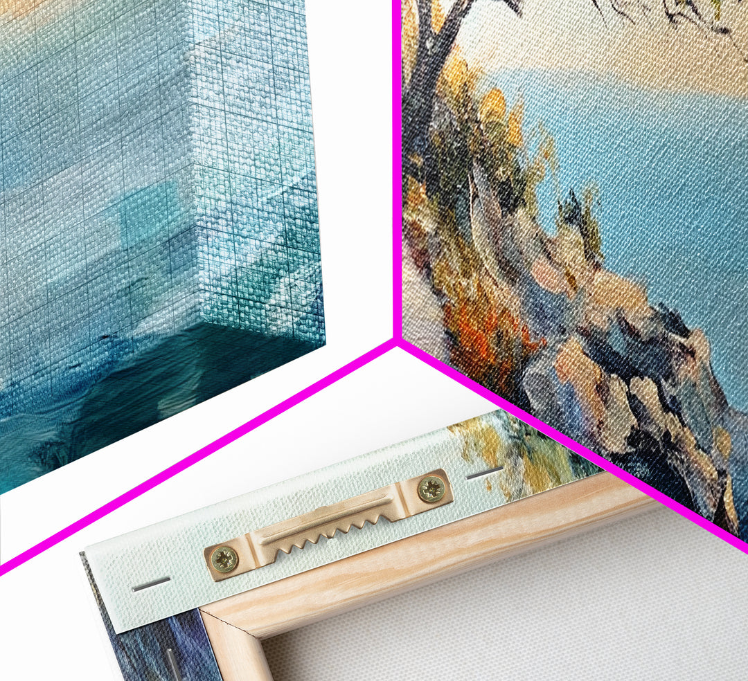 Coastal Cliff Walk Framed Canvas Print Serene Beach Pathway Painting, Sunset Seaside Art, Nature Landscape, Relaxing Home Wall Decor