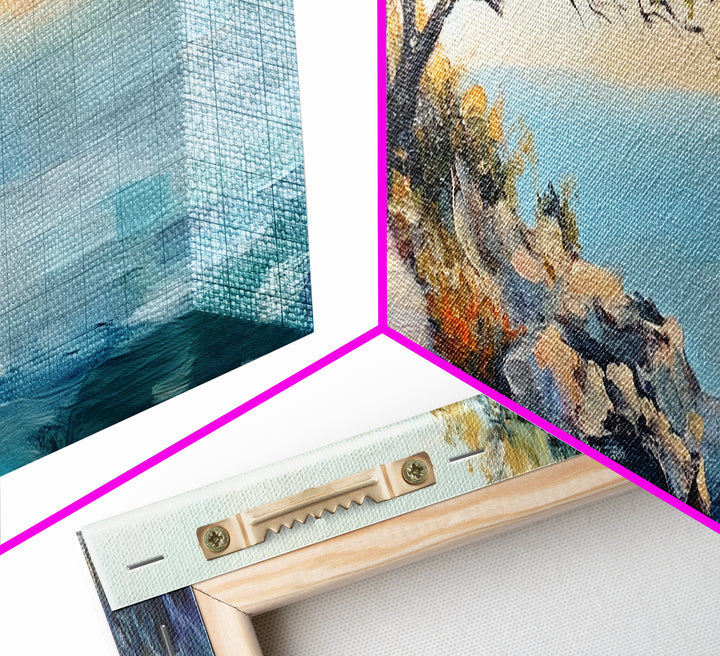 Coastal Cliff Walk Framed Canvas Print Serene Beach Pathway Painting, Sunset Seaside Art, Nature Landscape, Relaxing Home Wall Decor