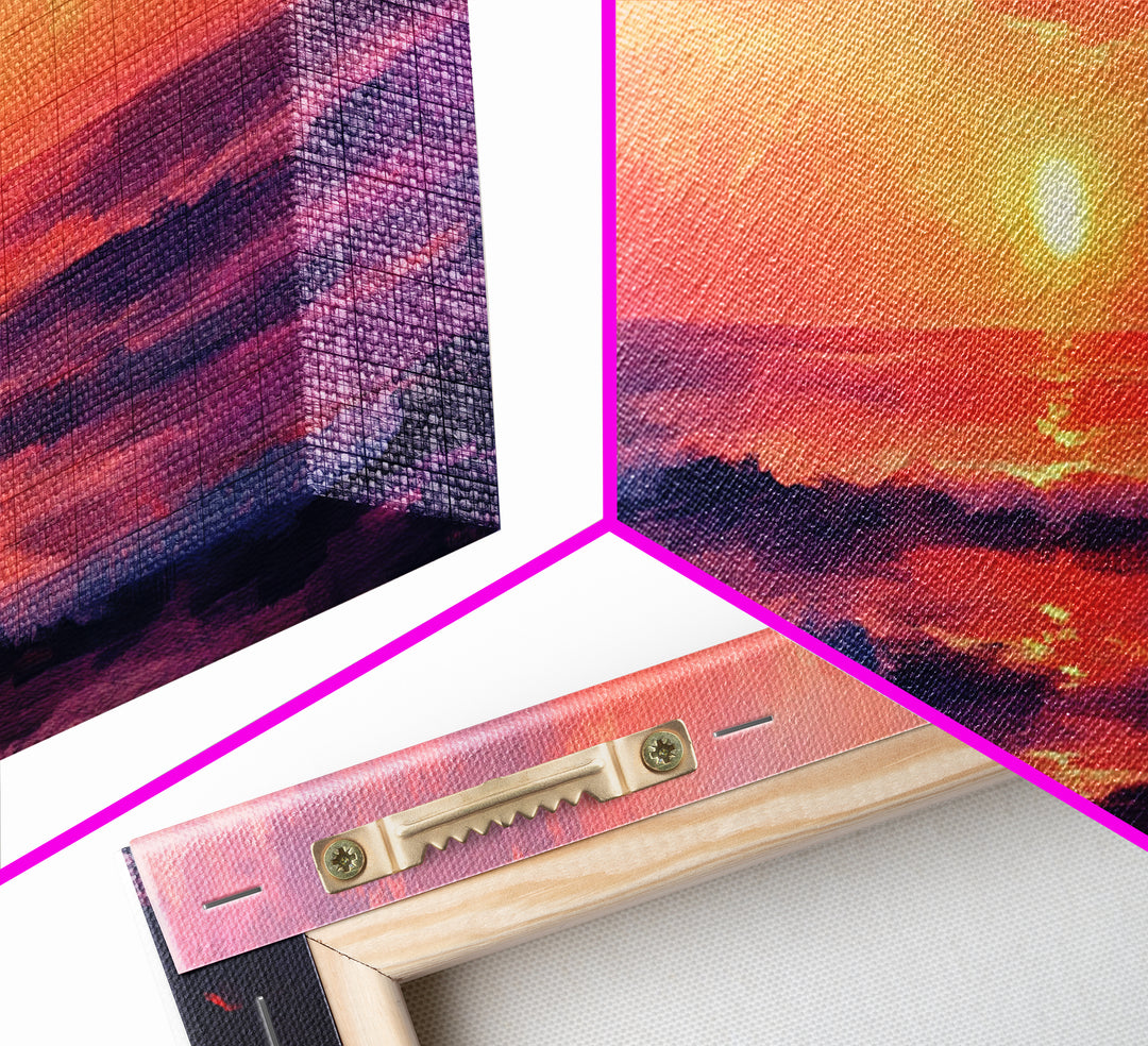 Ocean Sunset Framed Canvas Print, Pink Sky Seascape, Coastal Landscape Wall Art, Beach House Decor, Relaxing Home Aesthetic