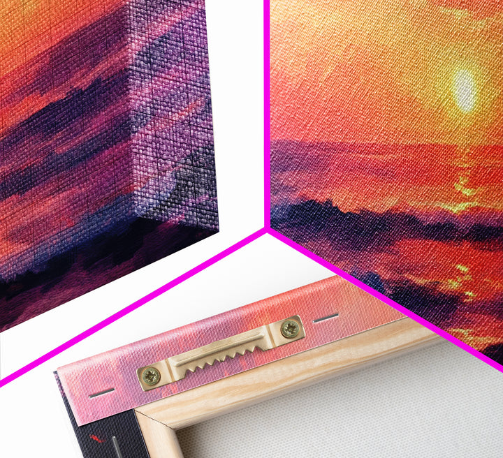Ocean Sunset Framed Canvas Print, Pink Sky Seascape, Coastal Landscape Wall Art, Beach House Decor, Relaxing Home Aesthetic