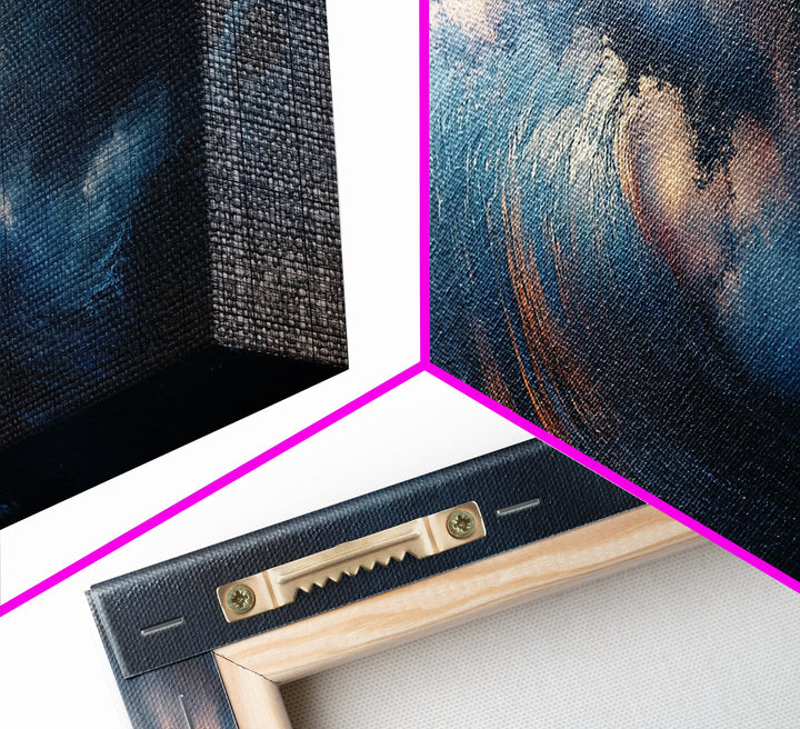 Dramatic Ocean Wave Framed Canvas Print Moody Seascape Wall Art, Deep Blue Stormy Sea Decor, Statement Living Room or Office Art