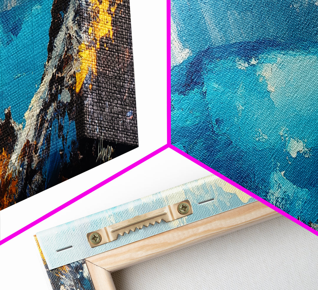 Crater Lake Landscape Framed Canvas Print Majestic Mountain Wall Art, Textured Impasto Painting, Nature Inspired Living Room Decor