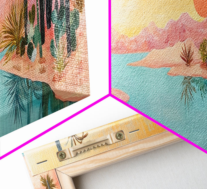 Desert Oasis Landscape Wall Art, Cactus and Palm Trees Painting, Boho Sunset Artwork, Southwest Home Decor, Warm Pink Art