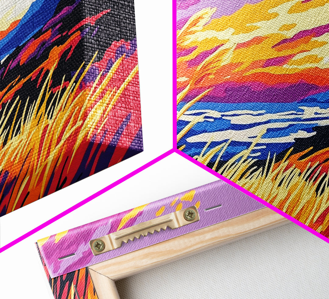 Ocean Sunset Grass, Framed Canvas Print, Coastal Wall Art, Vibrant Nature Painting, Boho Landscape, Beach House Decor, Living Room Art