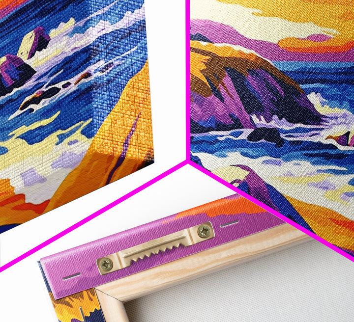 Ocean Sunset, Rolling Waves, Coastal Painting, Colorful Seascape, Nautical Wall Art, Beach House, Bedroom, Framed Canvas Print