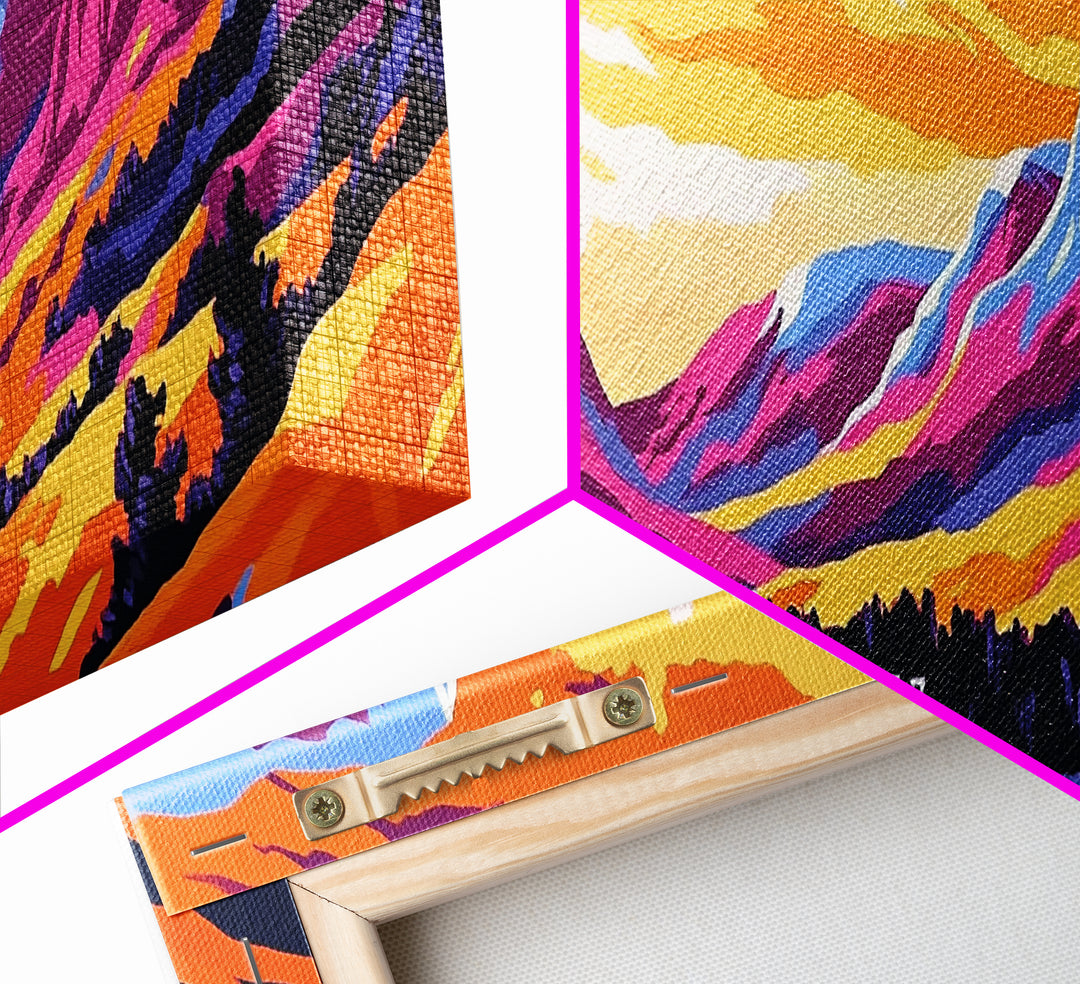 Sunset Valley, Majestic Peaks, Vibrant Nature, Framed Canvas Print, Outdoor Wall Art, Bohemian Landscape, Living Room Decor, Wanderlust