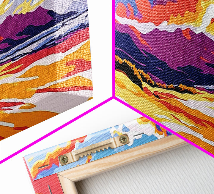 Golden Dunes, Mountain Backdrop, Vibrant Sunset, Framed Canvas Print, Boho Earthy Art, Modern Living Room Decor, Southwest Aesthetic