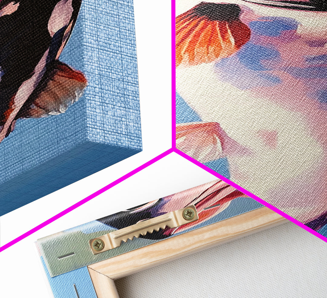 Abstract Fish, Minimalist Coastal, Blue and Pink Art, Framed Canvas Print, Modern Nautical Decor, Beach House, Kitchen Wall Art