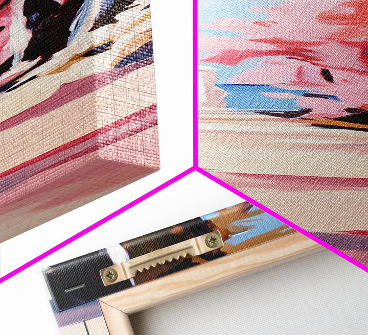 Coastal Walk, Pink Blossom, Vibrant Tree Art, Canvas Print, Beach Pathway, Spring Landscape, Serene Wall Art, Living Room Decor