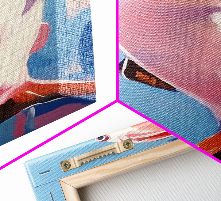 Abstract Fish, Coastal Art, Ocean Life Painting, Framed Canvas Print, Minimalist Marine Decor, Blue and Pink Aesthetic, Beach House Art