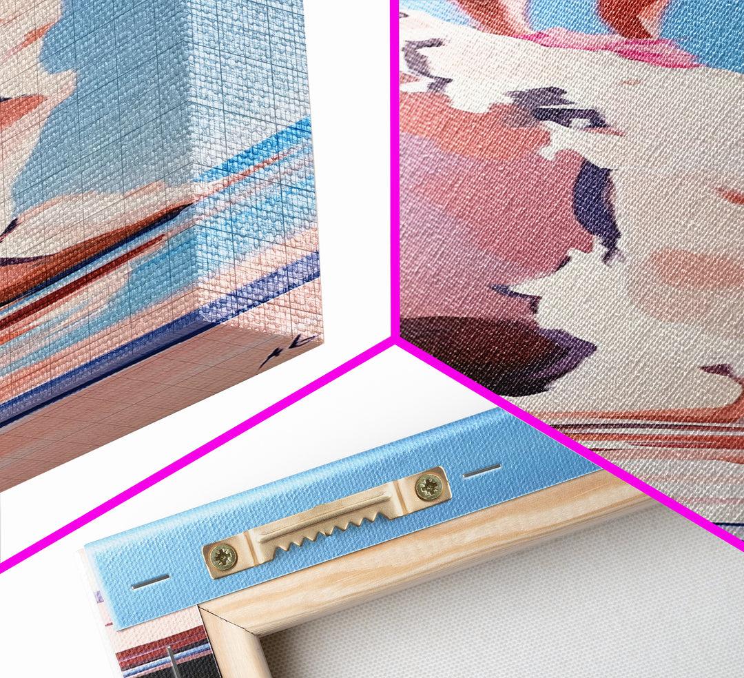 Coastal Adventure, Pink and Blue Art, Minimalist Beach Scene, Modern Landscape, Travel Inspiration, Contemporary Framed Canvas Print