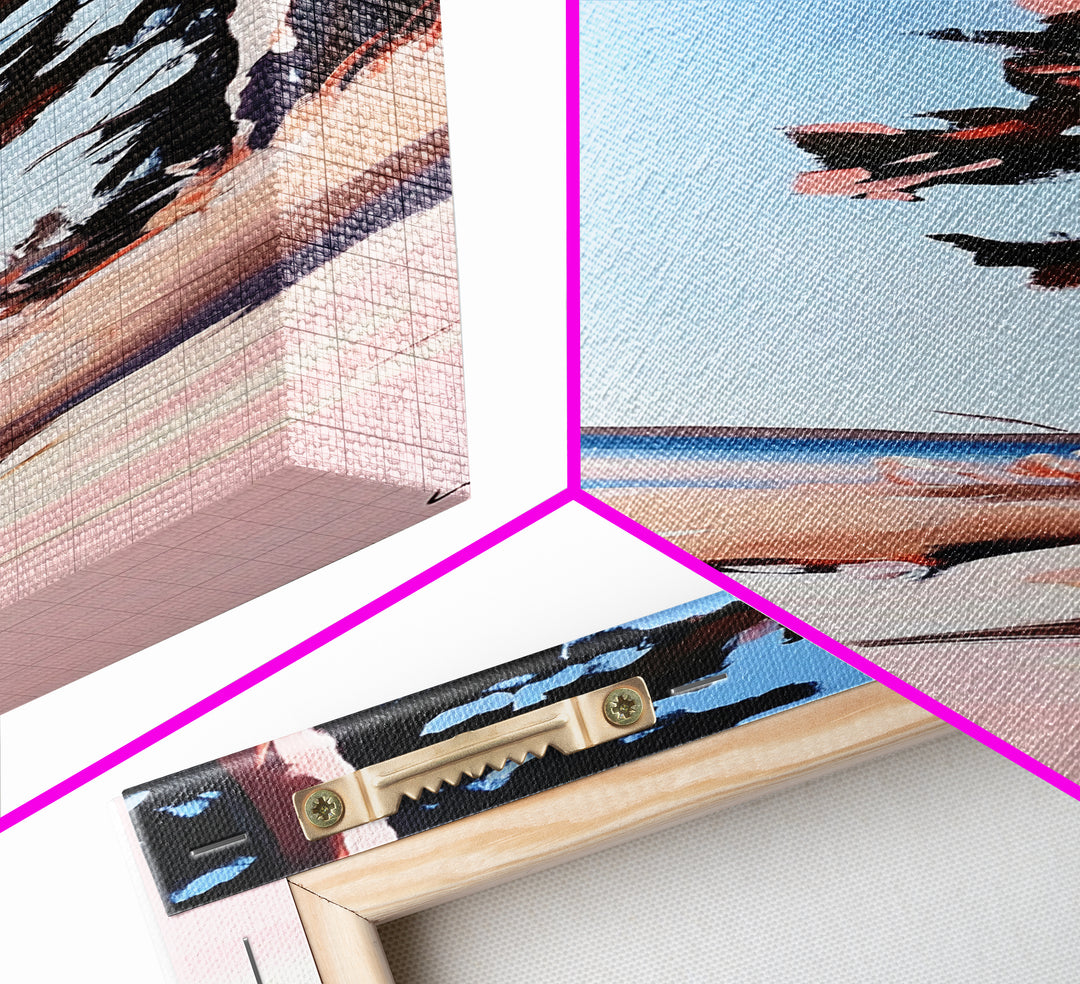 Coastal Serenity, Beach Tree Shadows, Minimalist Nature Scene, Soft Pink Blue Landscape, Tranquil Home Art, Framed Canvas Print, Ocean Escape