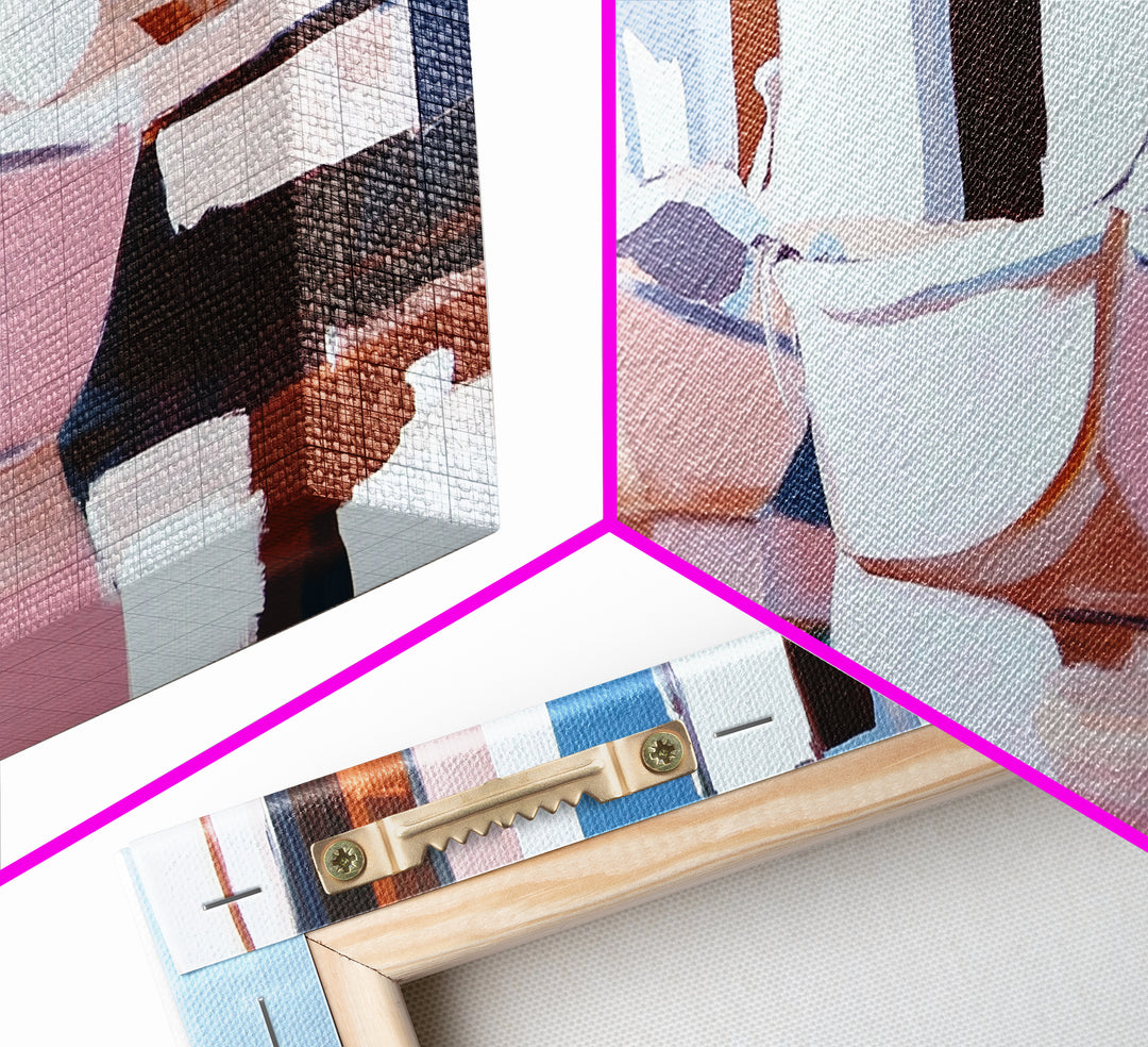 Docked Boats, Nautical Coastal Art, Mediterranean Harbor Scene, Framed Canvas Print, Beach House Wall Decor, Nautical Home Art