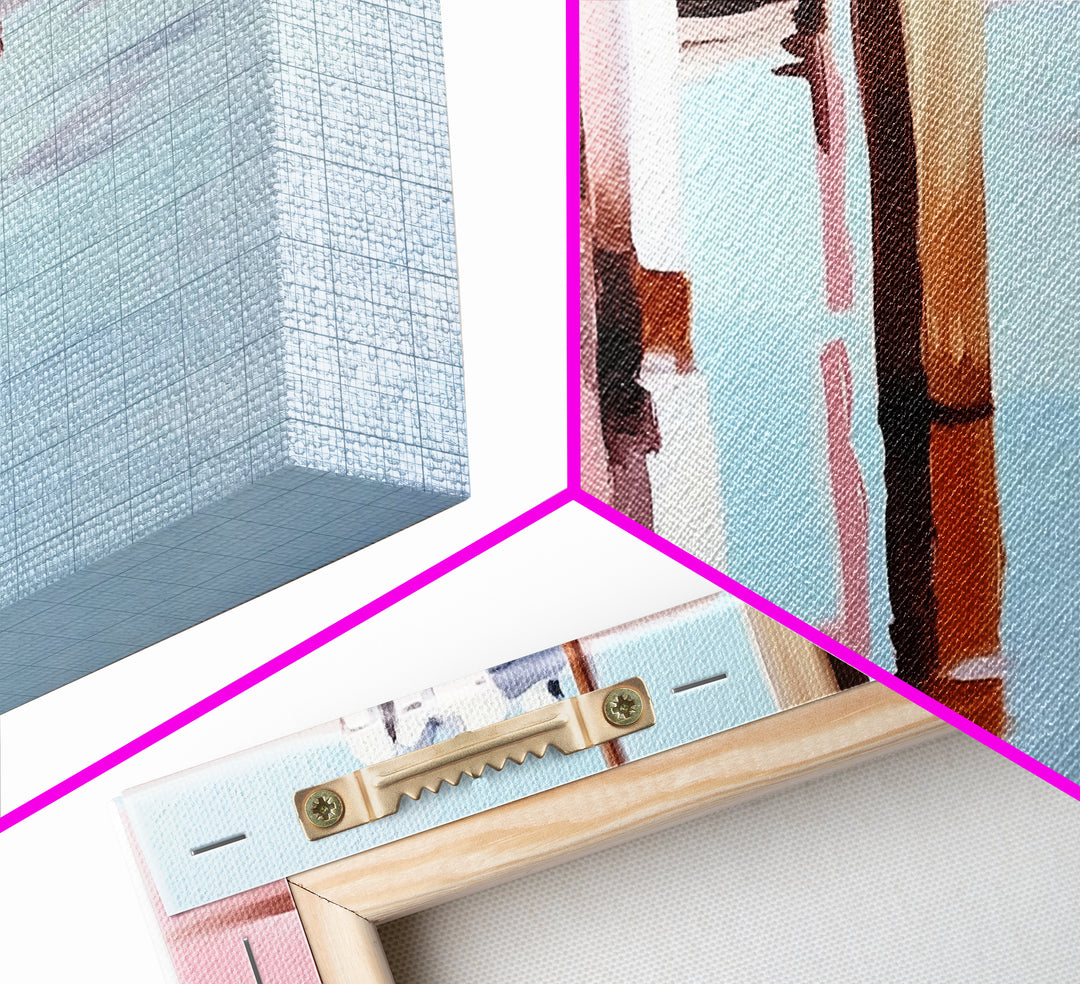 Docked Boats, Waterfront Scene, Canvas Print, Nautical Home Decor, Living Room Wall Art, Soft Pastel Aesthetic, Minimalist Seaside