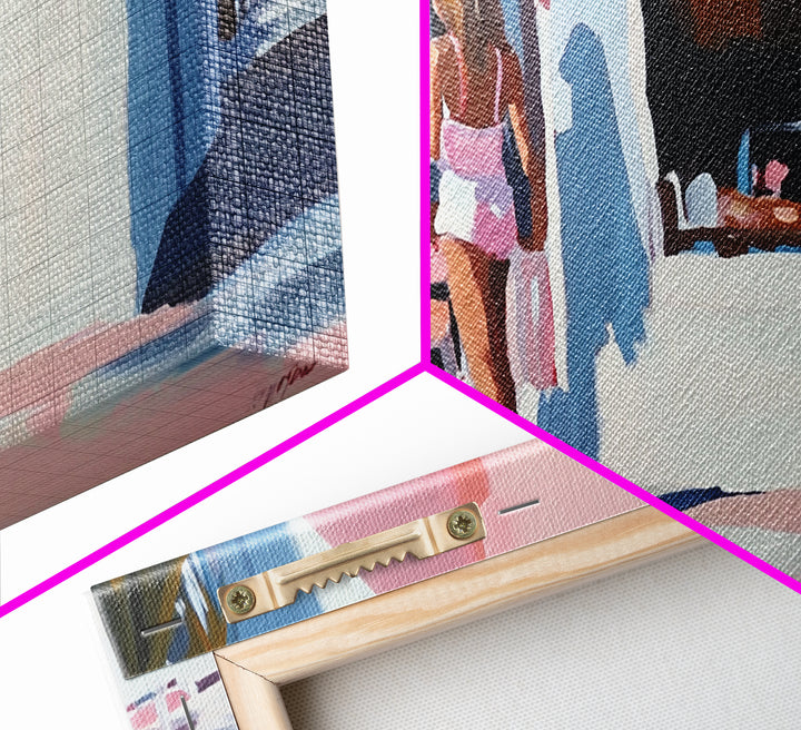 Café Scene, Pink Aesthetic, Coastal Lifestyle, Boho Summer Art, Chic Minimalist Decor, Home Wall Art, Living Room Art, Framed Canvas Print