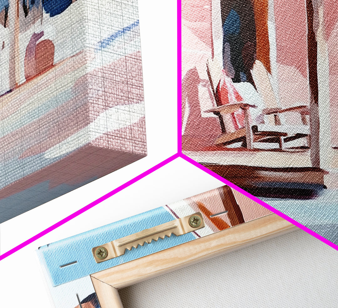 Pink Cabin, Winter Landscape Art, Cozy Home Decor, Framed Canvas Print, Rustic House Painting, Christmas Wall Art, Snowy Scene