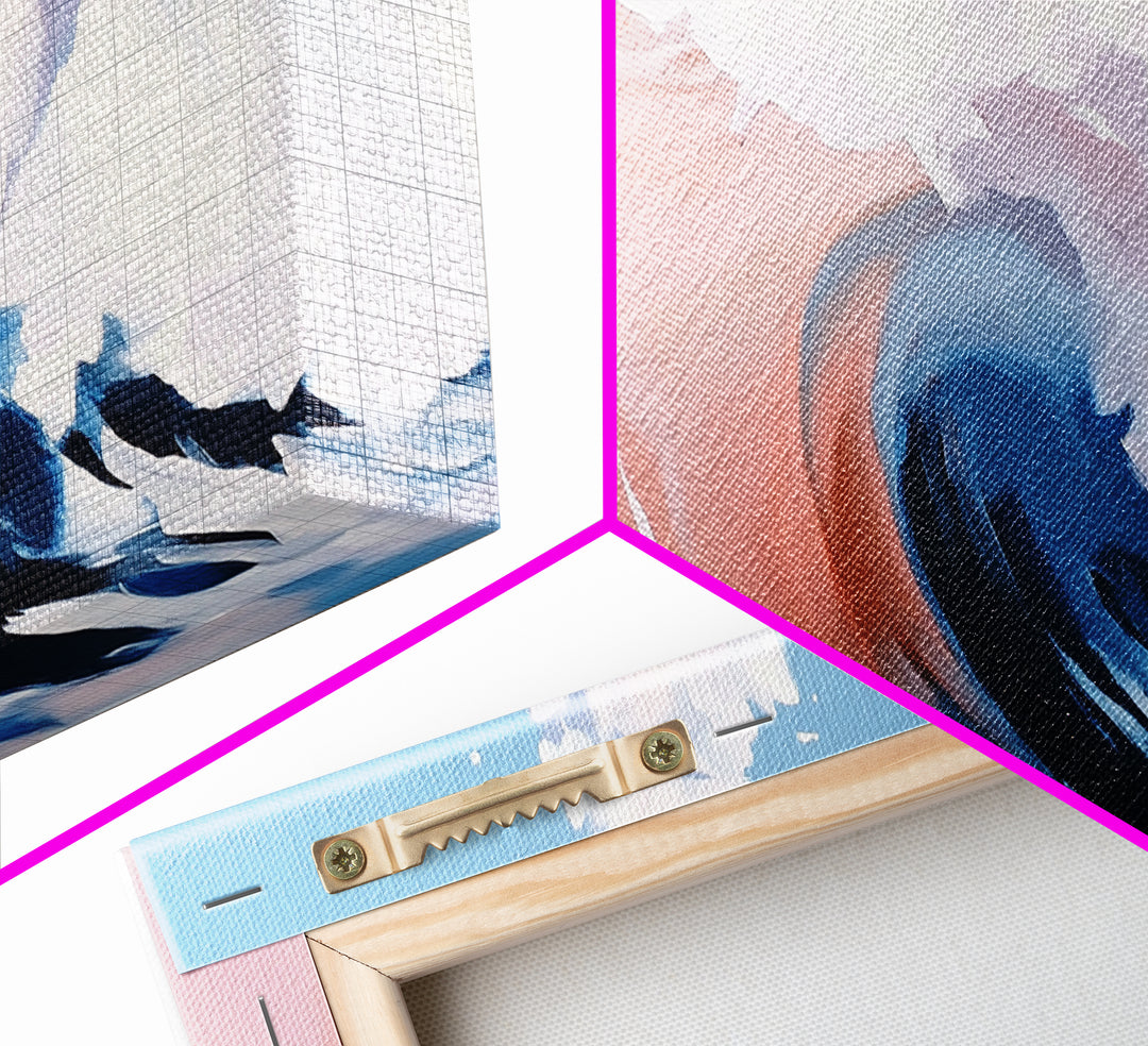 Ocean Wave, Abstract Beach Painting, Dynamic Wall Art, Coastal Decor, Surfer Aesthetic, Blue and White Framed Canvas Print