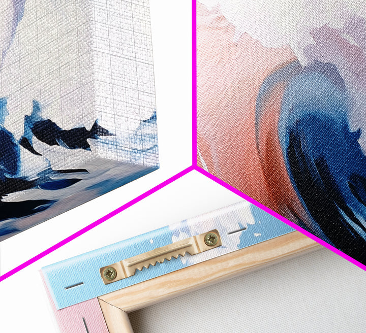 Ocean Wave, Abstract Beach Painting, Dynamic Wall Art, Coastal Decor, Surfer Aesthetic, Blue and White Framed Canvas Print