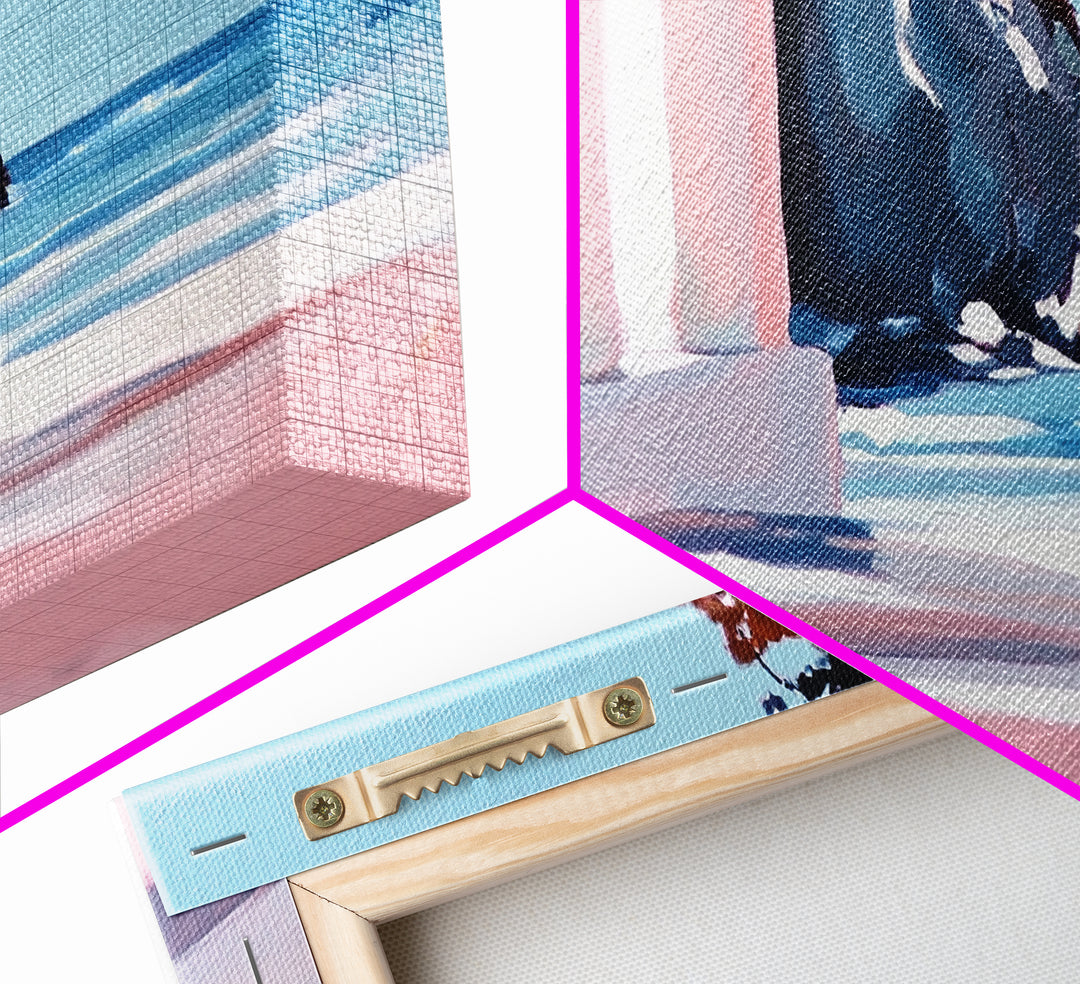 Coastal Retreat, Mediterranean Art, Framed Canvas Print, Beach House Decor, Minimalist Seascape, Pastel Ocean Painting, Modern Wall Art