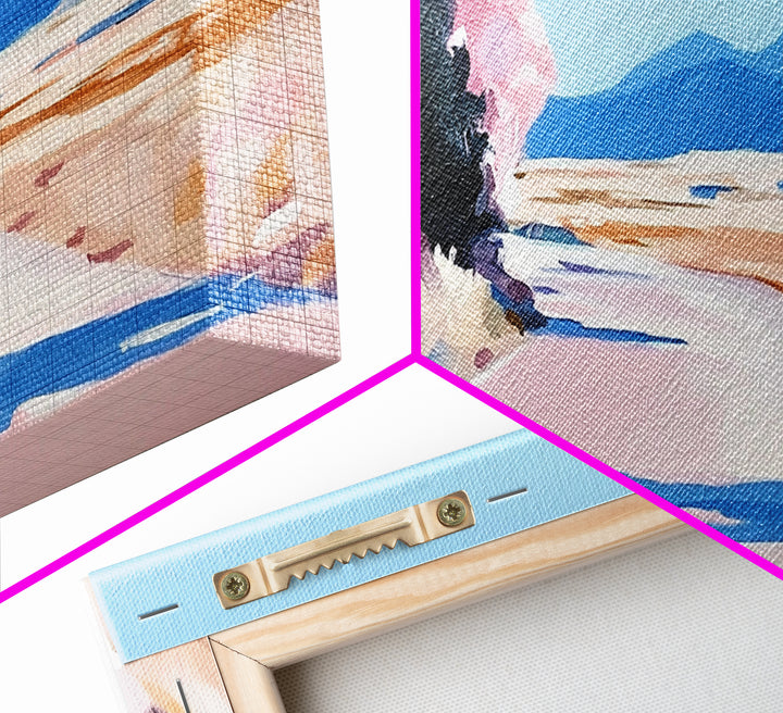 Blossoms, Mountain Path, Scenic Landscape Art, Nature Painting, Boho Decor, Framed Canvas Print, Pastel Pink Trees, Serene Wall Art