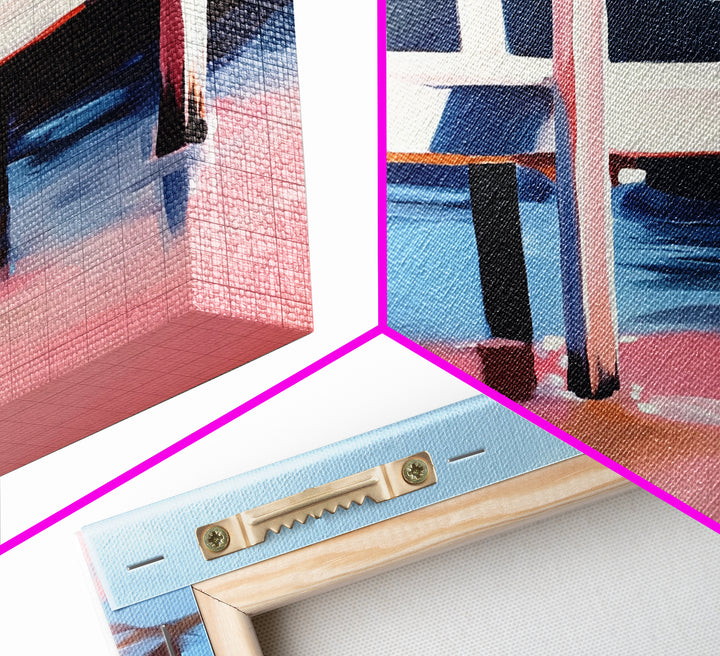 Dock, Reflections, Landscape Art, Nautical Decor, Serene Water Painting, Framed Canvas Print, Minimalist Seaside Art, Blue Pink Aesthetic