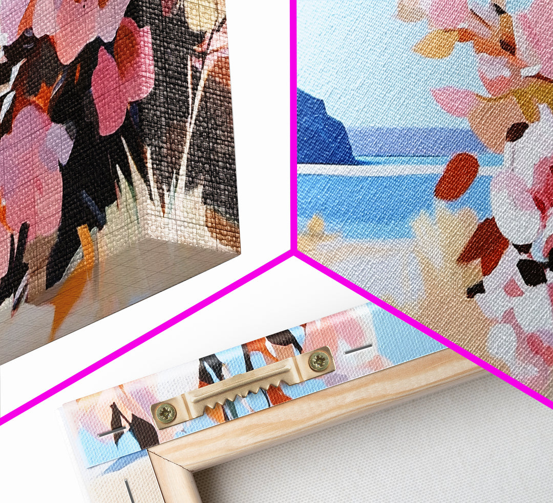 Coastal Flowers, Blue Ocean, Beach Aesthetic, Vibrant Nature Art, Boho Wall Decor, Bedroom Art, Pink Floral Scene, Canvas Print