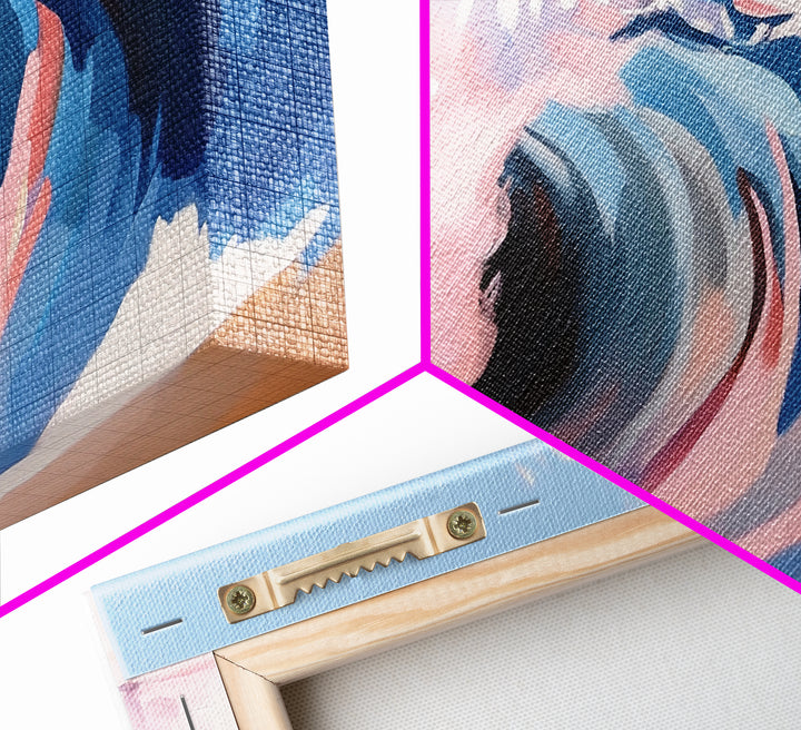 Ocean Wave, Abstract Seascape, Beach Aesthetic, Coastal Home, Canvas Print, Modern Beach House Wall Art, Blue and Pink Waves, Surf Art