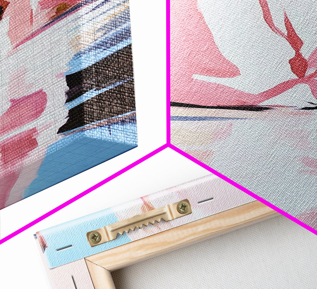 Cliffside Reflection, Coastal Wall Art, Beach House Decor, Blue and Pink Minimalist, Living Room Art, Framed Canvas Print