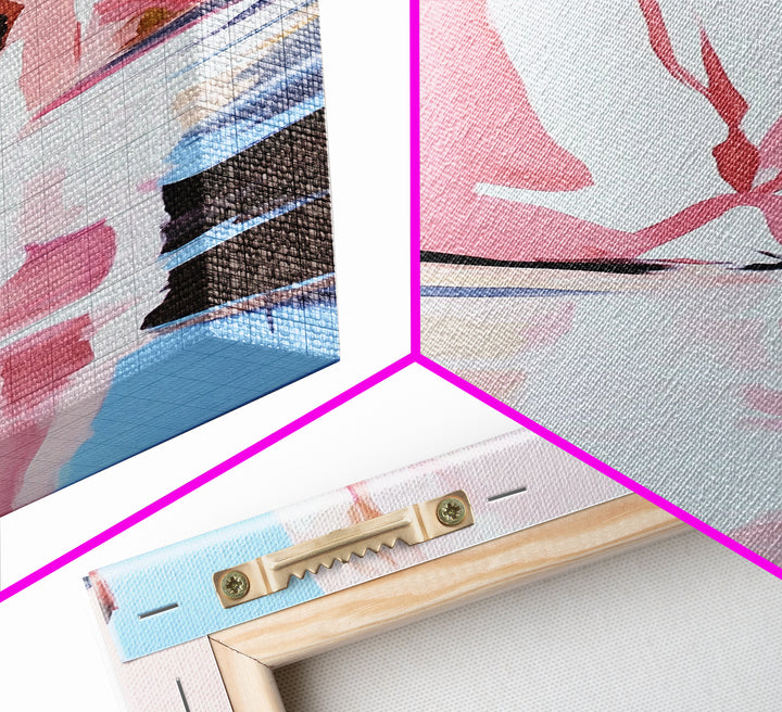 Cliffside Reflection, Coastal Wall Art, Beach House Decor, Blue and Pink Minimalist, Living Room Art, Framed Canvas Print