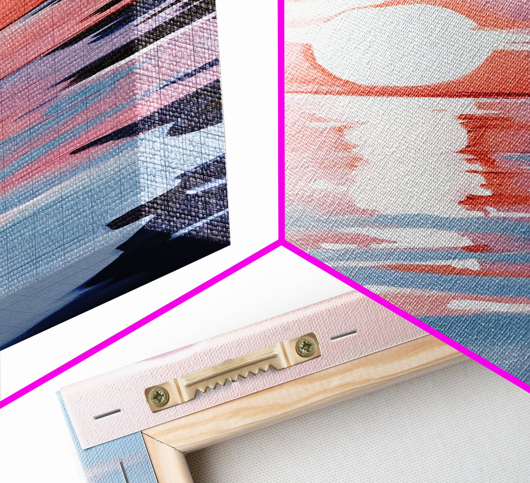 Ocean Sunset, Abstract Seascape Art, Framed Canvas Print, Beach House Wall Art, Modern Coastal Decor, Pink Sky Painting, Bedroom Artwork