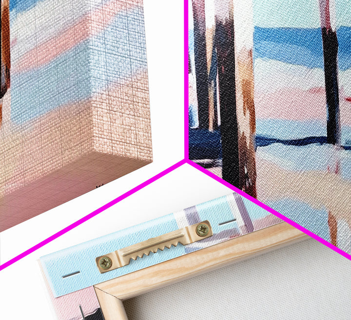 Beach Pier, Ocean Waves, Coastal View, Framed Canvas Print, Nautical Wall Art, Seaside Decor, Minimalist Beach House Art, Blue