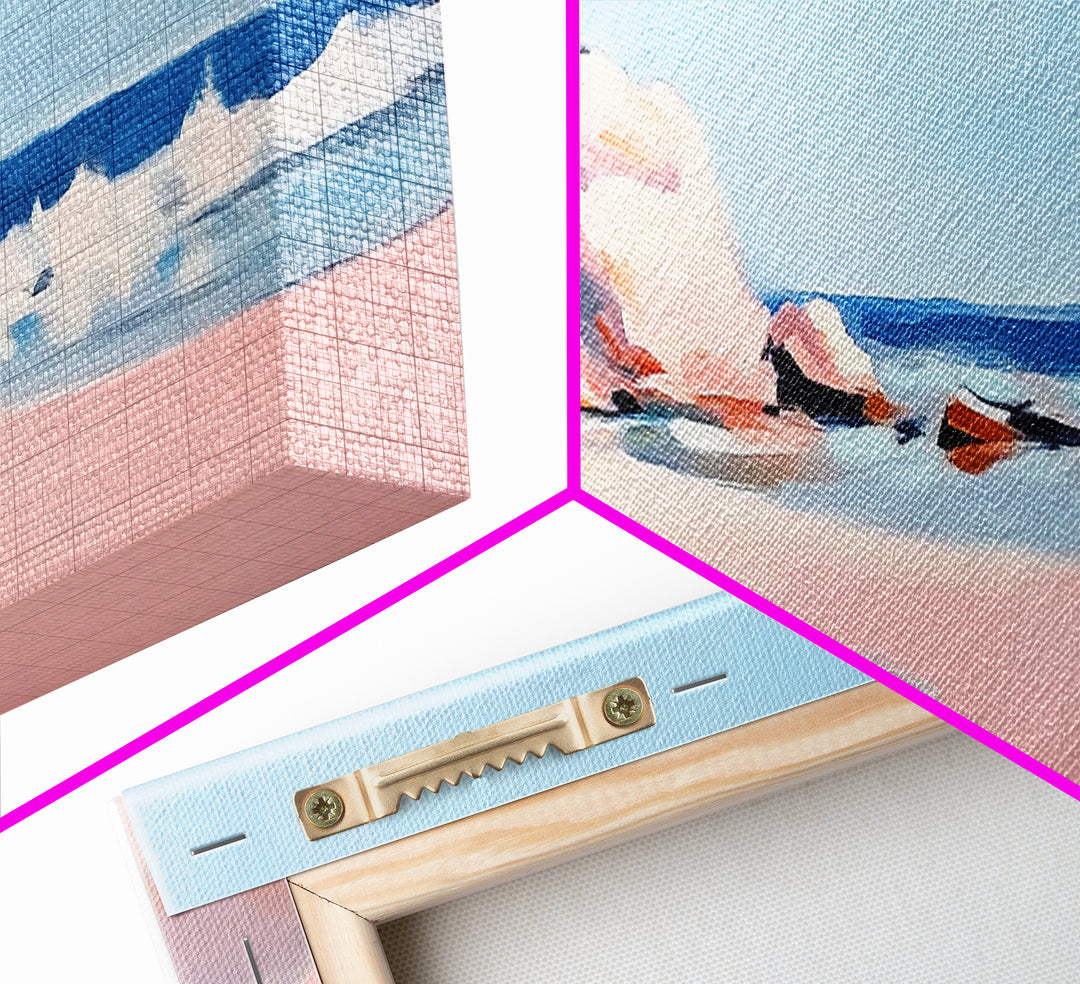 Cliffs, Waves, Pink Sand, Framed Canvas Print, Seascape Wall Art, Coastal Home Decor, Ocean Scene, Pastel Aesthetic, Relaxing Landscape