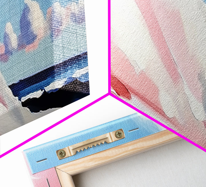 Rolling Waves, Soft Pastel, Modern Coastal Art, Minimalist Ocean Print, Blue and Pink Decor, Relaxing Beach Scene, Canvas Print