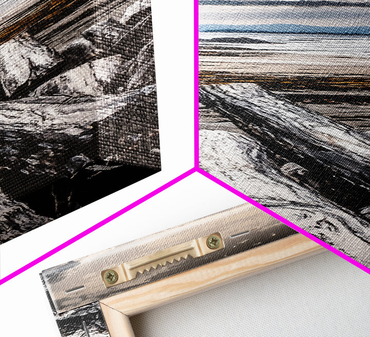 Coastal Beach, Driftwood Shore, Stormy Sky, Framed Canvas Print, Ocean Wall Art, Seaside Decor, Nautical Painting, Living Room Wall Art