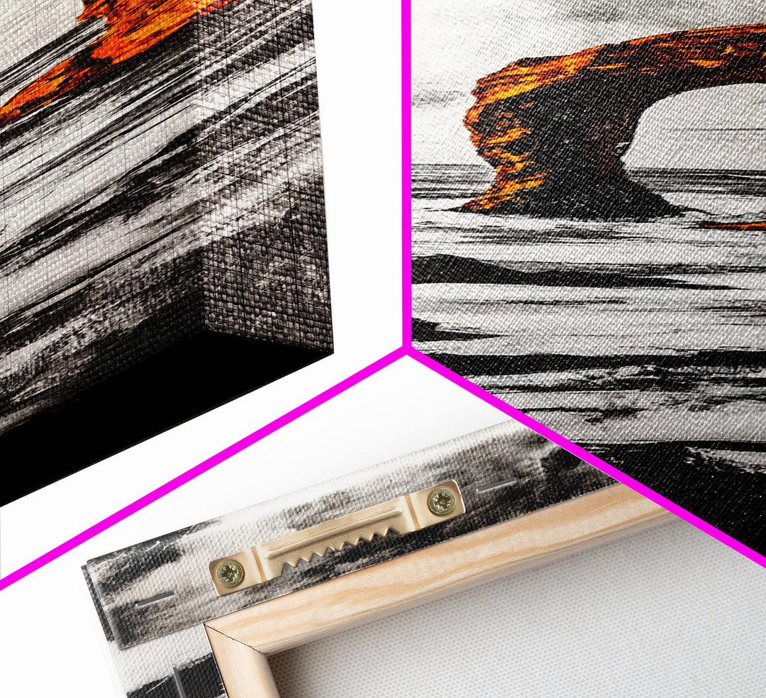 Rock Arch, Ocean Waves, Dramatic Seascape, Black and White Wall Decor, Living Room Art, Framed Canvas Print, Coastal Nature Artwork