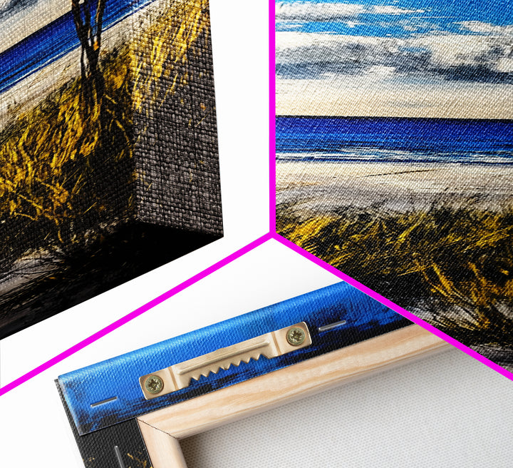 Coastal Dunes, Ocean View, Blue Sky, Framed Canvas Print, Beach Wall Art, Nautical Decor, Living Room Wall Art, Seaside Home Decor