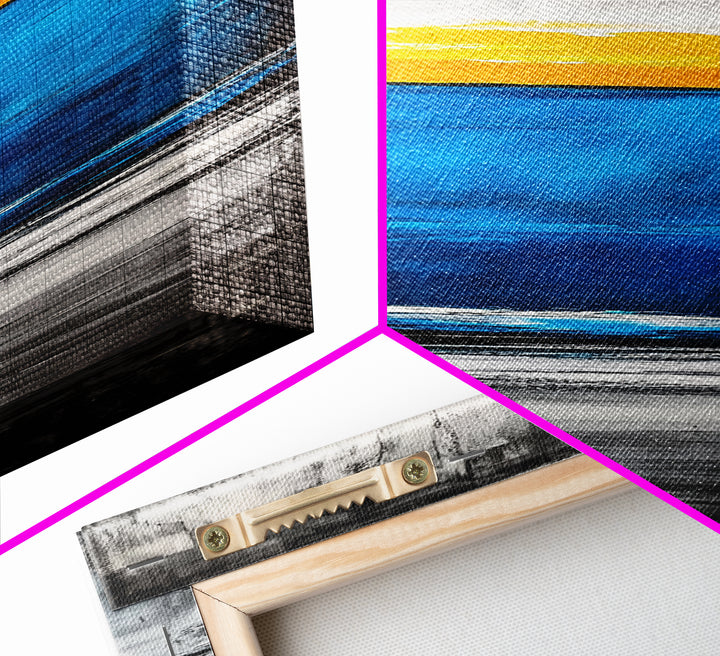 Sunset, Ocean, Waves, Framed Canvas Print, Coastal Wall Art, Modern Beach Decor, Blue and Yellow Abstract, Large Statement Art
