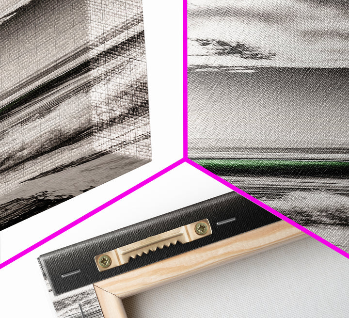 Coastal Waves, Black and White, Green Wave, Framed Canvas Print, Modern Beach Wall Art, Minimalist Ocean Decor, Living Room Art