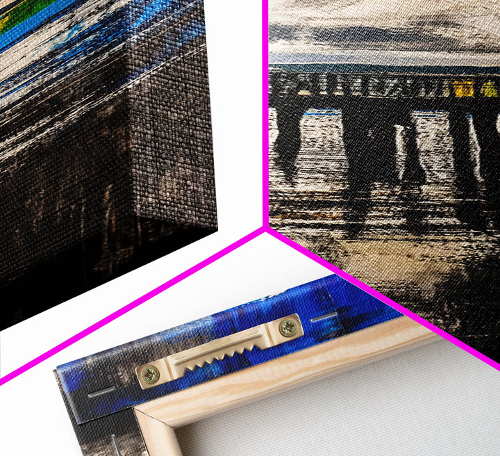 Dock on Water, Rustic Coastal Art, Blue Tones, Nautical Painting, Framed Canvas Print, Living Room Decor, Lakeside Cabin Wall Art