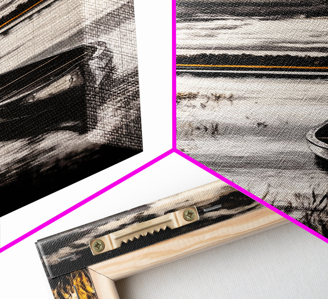 Canoe Lake, Tranquil Nature Art, Black and White Landscape, Framed Canvas Print, Serene Home Decor, Cabin Wall Art, Adventure Painting