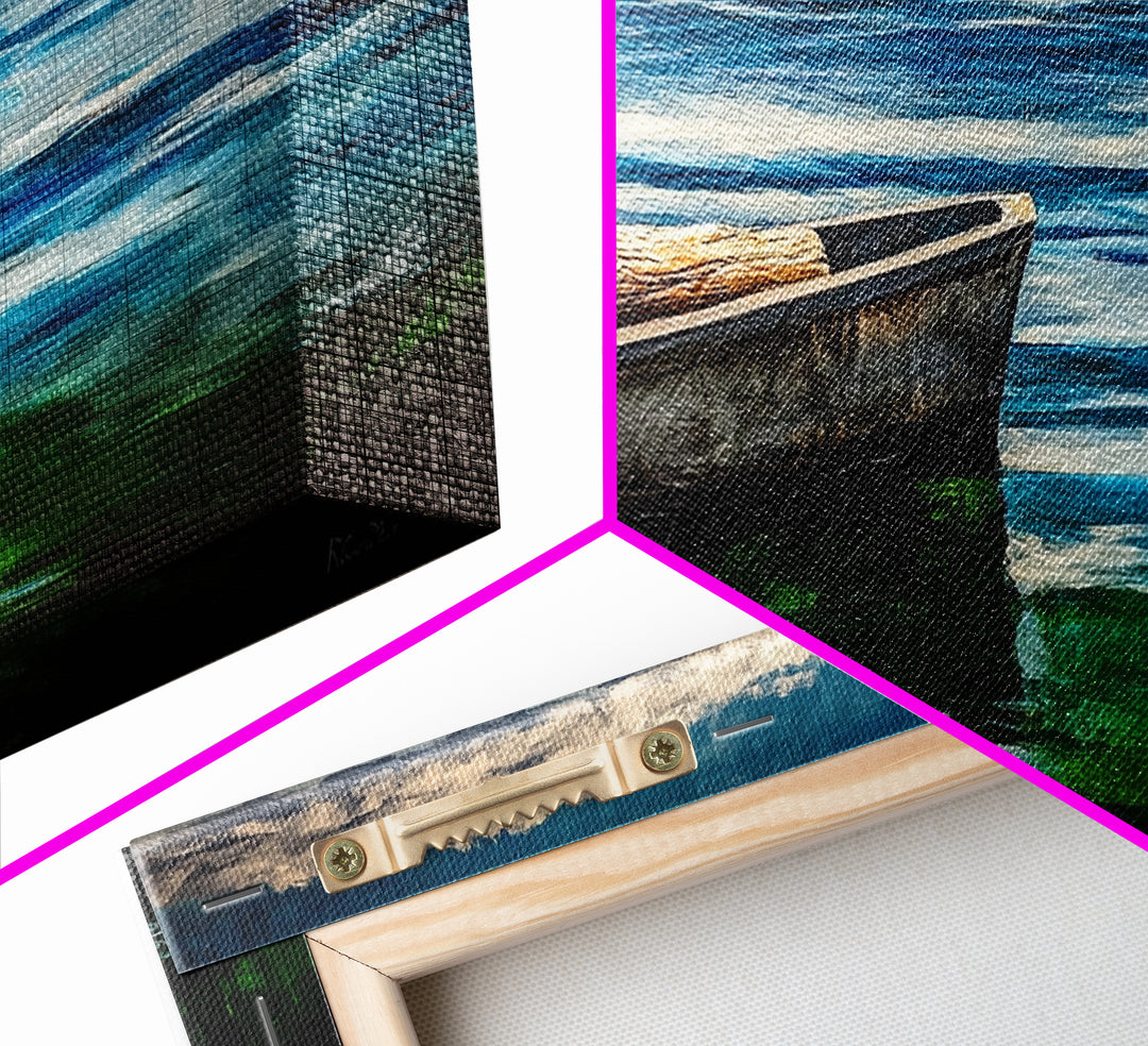 Lonely Boat, Ocean Painting, Nautical Home Decor, Framed Canvas Print, Coastal Wall Art, Blue Water Art, Beach House Art